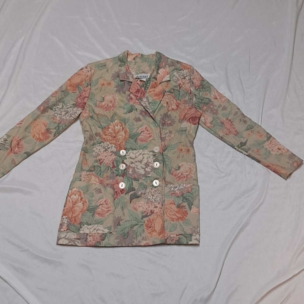 Lagenlook Vintage Floral Double Breasted Longline Linen Blend Spring Suit Jacket